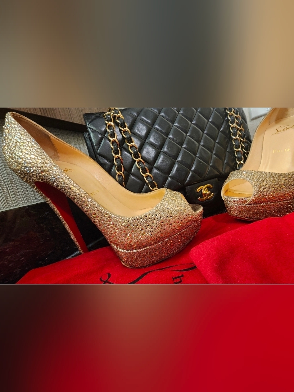 Christian Louboutin Red Bottoms Gold Crystal Peep-Toe Platform Pumps - Women